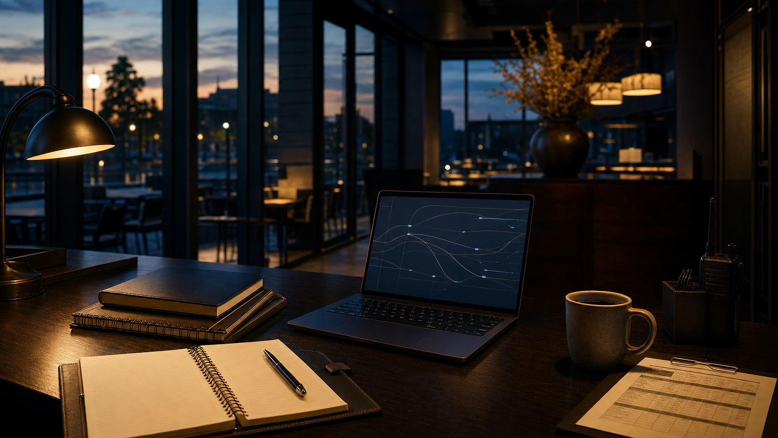 An organized hospitality operations desk at dawn with a notebook, laptop, and service schedule