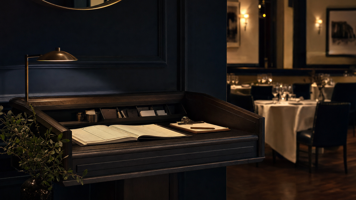 An empty restaurant host stand before service with a reservation book and warm dining room light