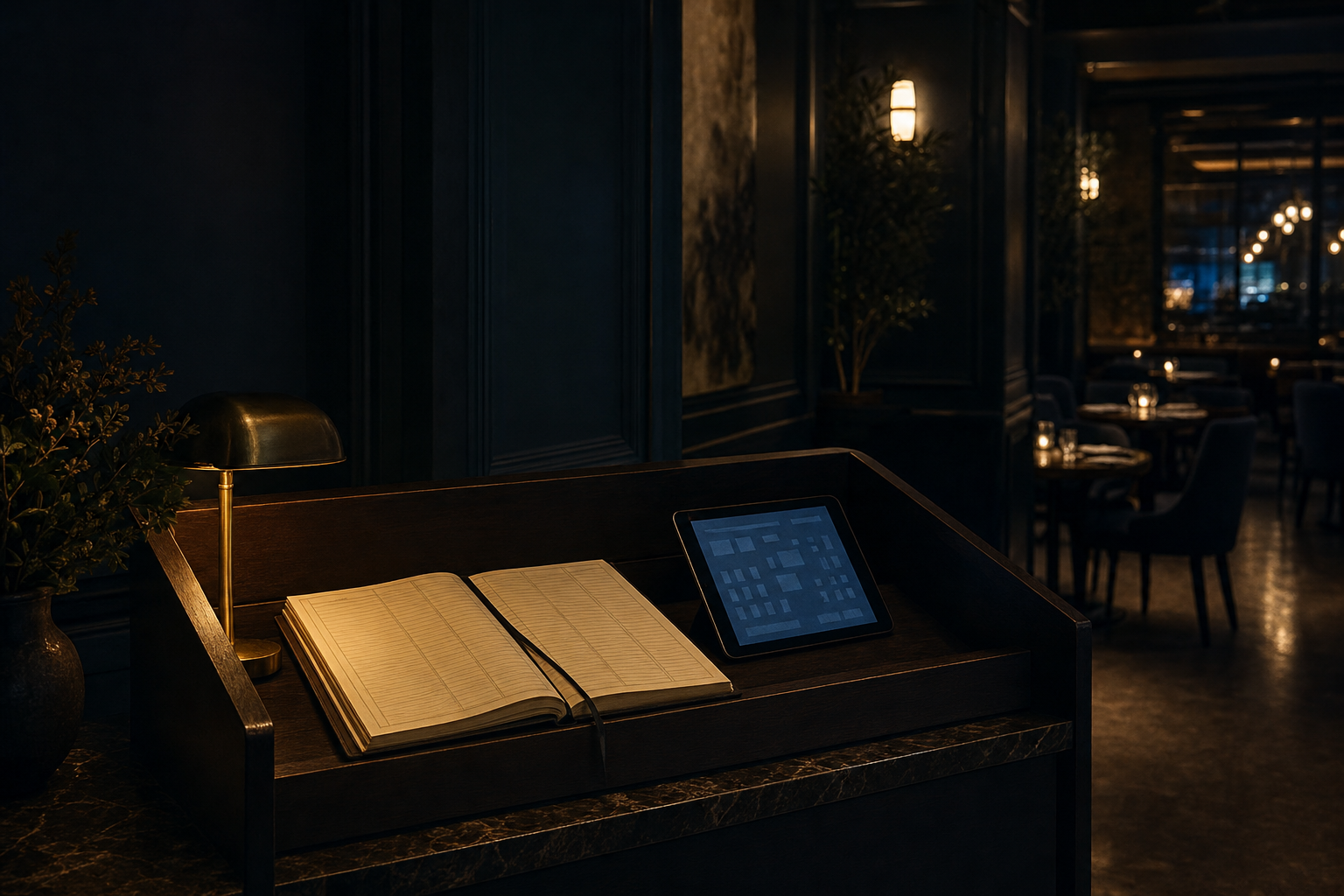 An empty restaurant host stand with a reservation book and tablet in low light.