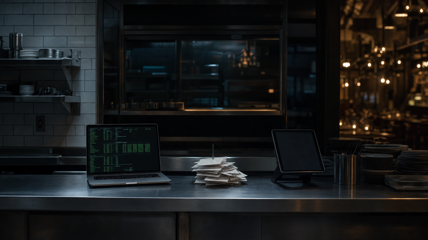 Dark editorial photograph of a NYC restaurant back-office at night with a laptop, tickets, and tablet on a stainless steel prep counter.