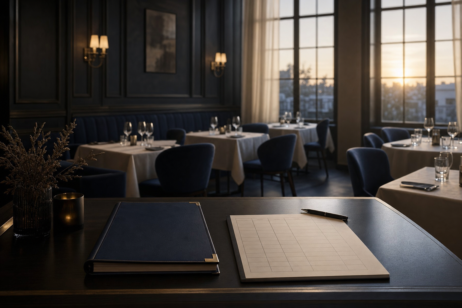An empty dining room at dawn with a planning sheet on a table
