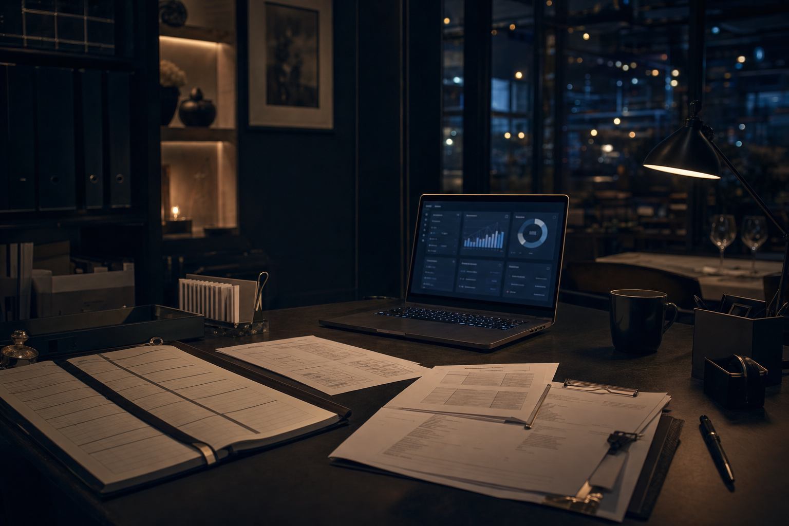 A dimly lit restaurant back office desk with a laptop and paperwork, suggesting a modern operations stack.