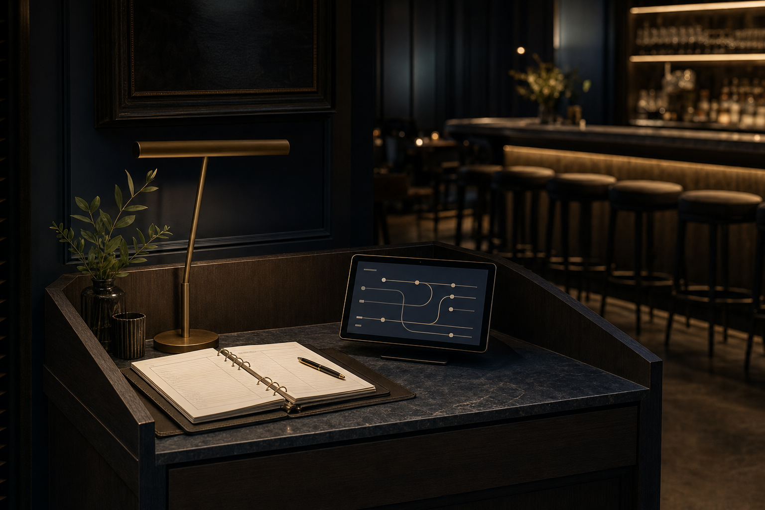 An empty restaurant host stand before service with a reservation book, tablet, and quiet bar