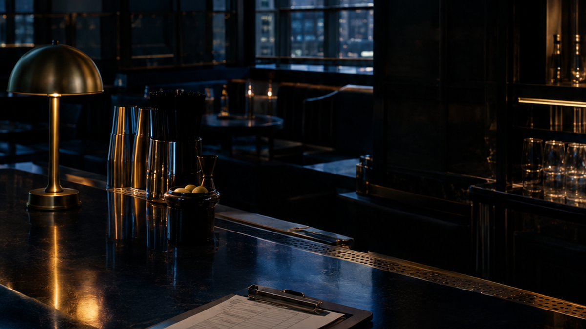 An empty cocktail bar with account notes, a menu, and a single spirits bottle in warm city light