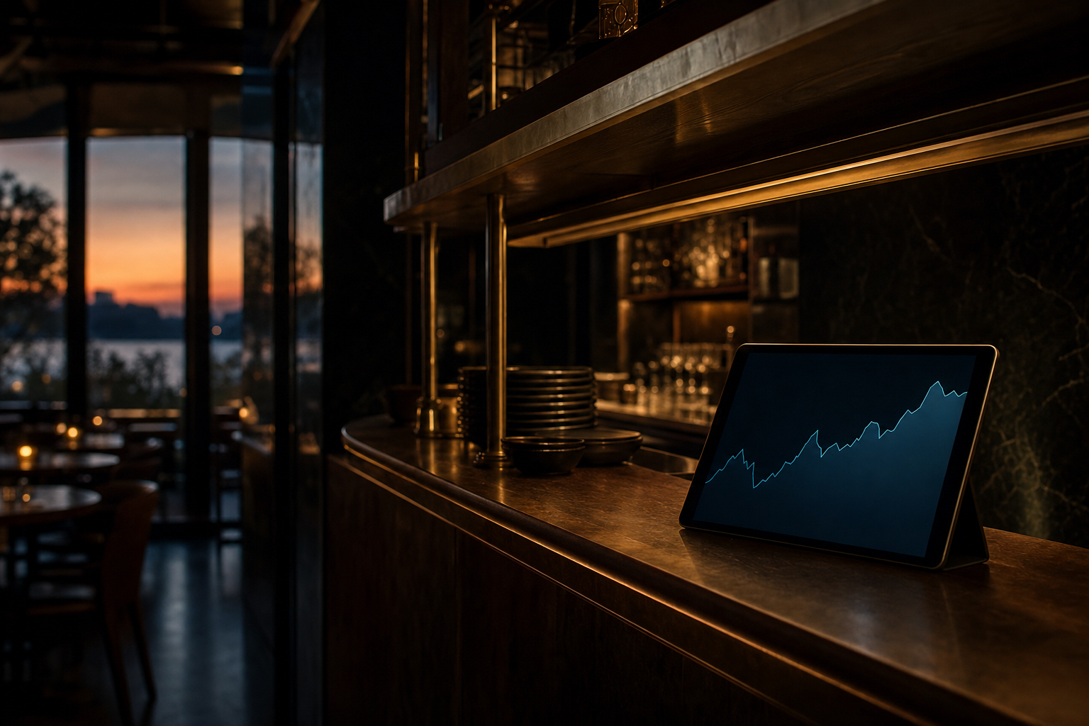 Quiet restaurant bar at dusk with a tablet showing a forecast chart on the pass
