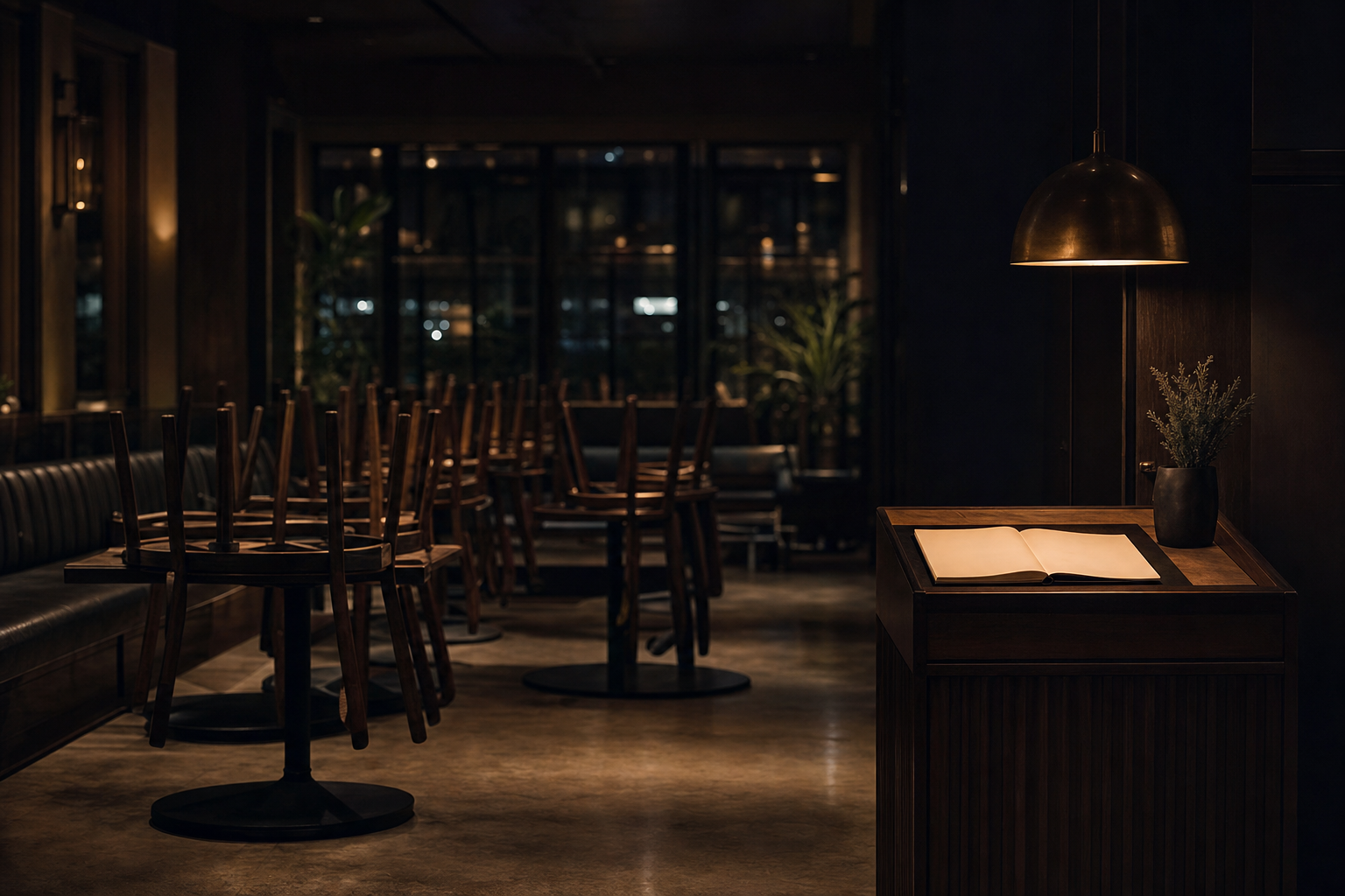 Empty restaurant dining room after service with chairs on tables and a softly lit host stand