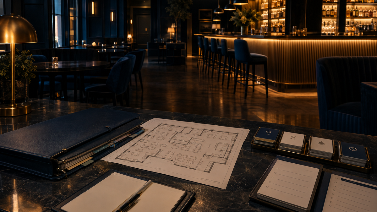 An empty hospitality space before opening with an operations binder, floor plan, and task cards