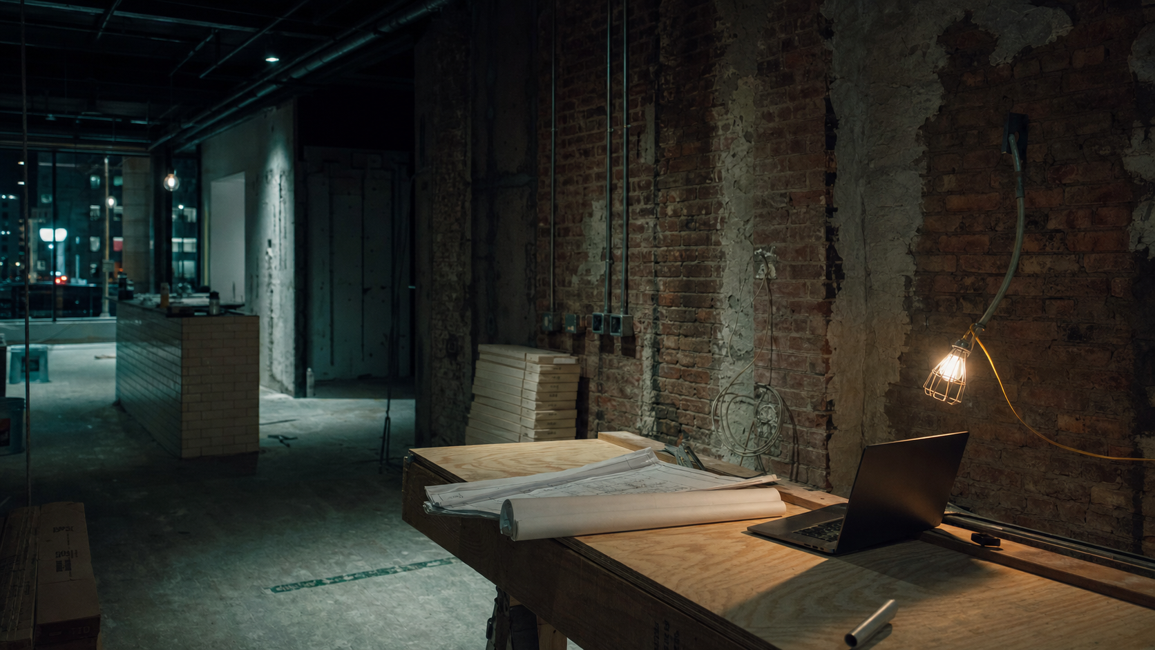 Dark editorial photograph of a NYC restaurant mid build-out at night with a laptop and blueprints on a plywood work table under a single warm work light.
