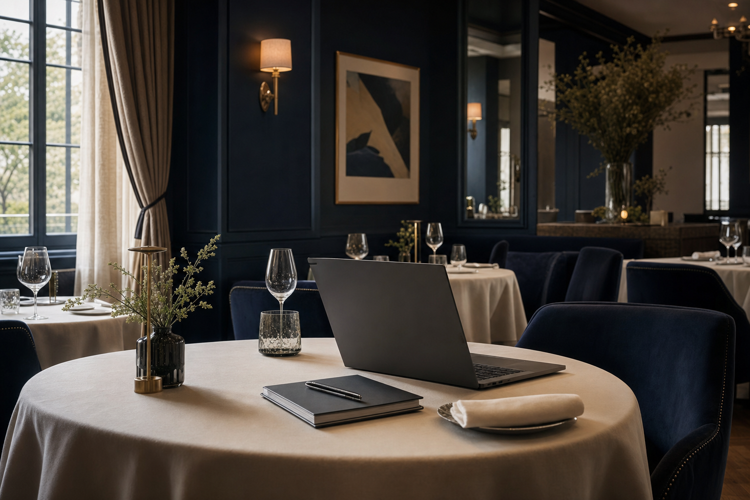 An empty upscale restaurant dining room with a laptop and notepad on a reserved table, suggesting a consulting review.