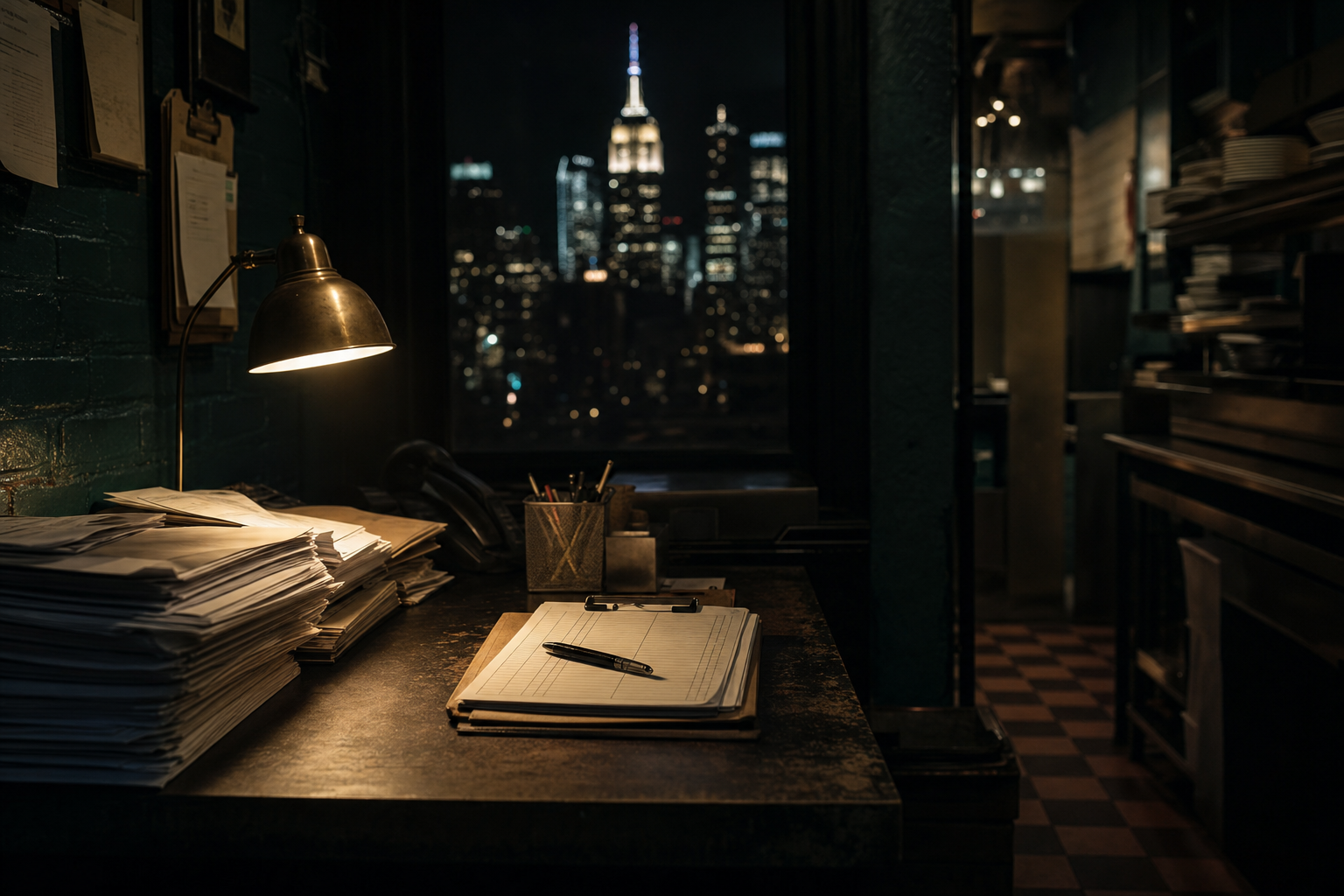 NYC restaurant back office at night, paperwork and a clipboard checklist on a desk