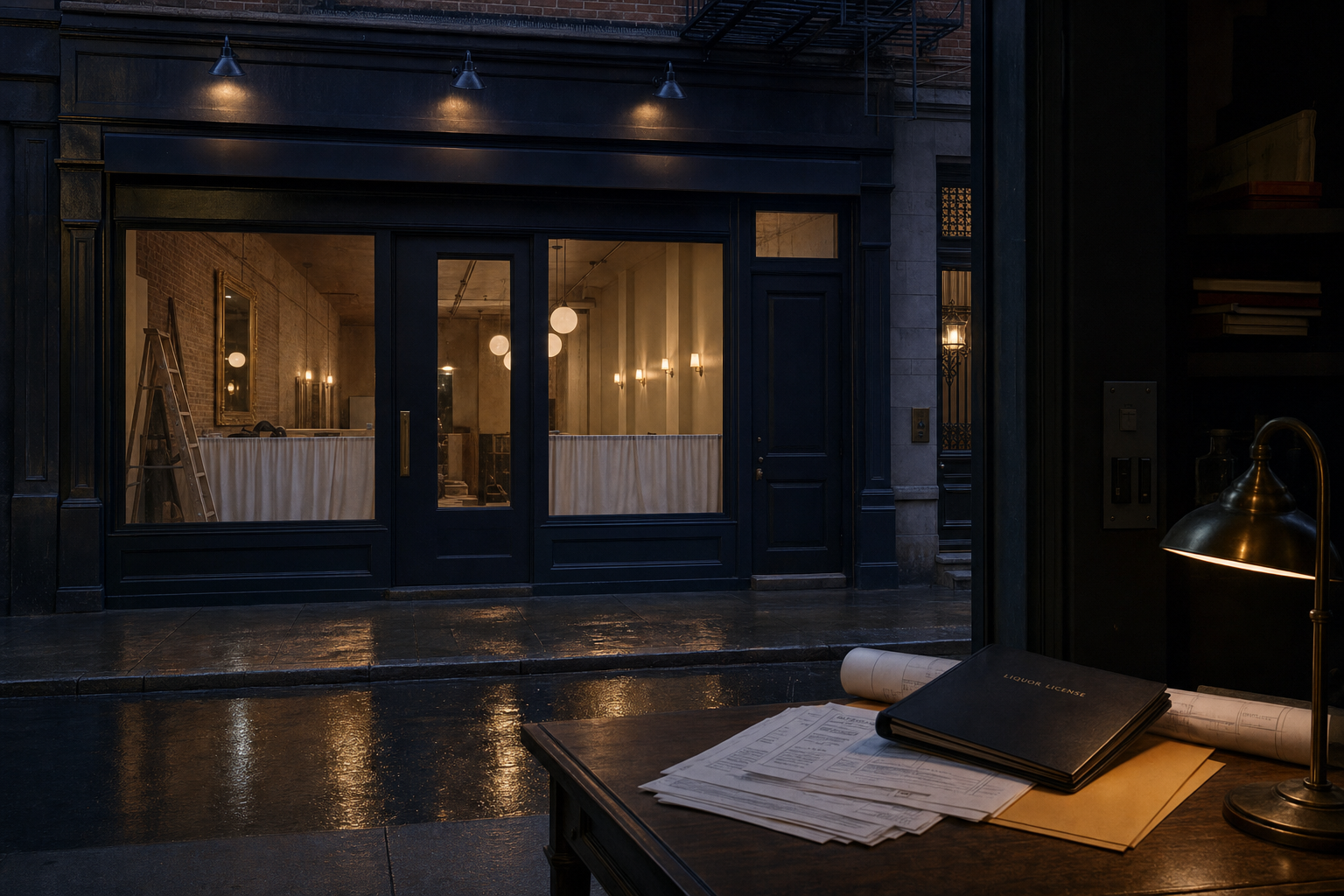 A quiet New York restaurant storefront before opening with permitting folders and warm interior light