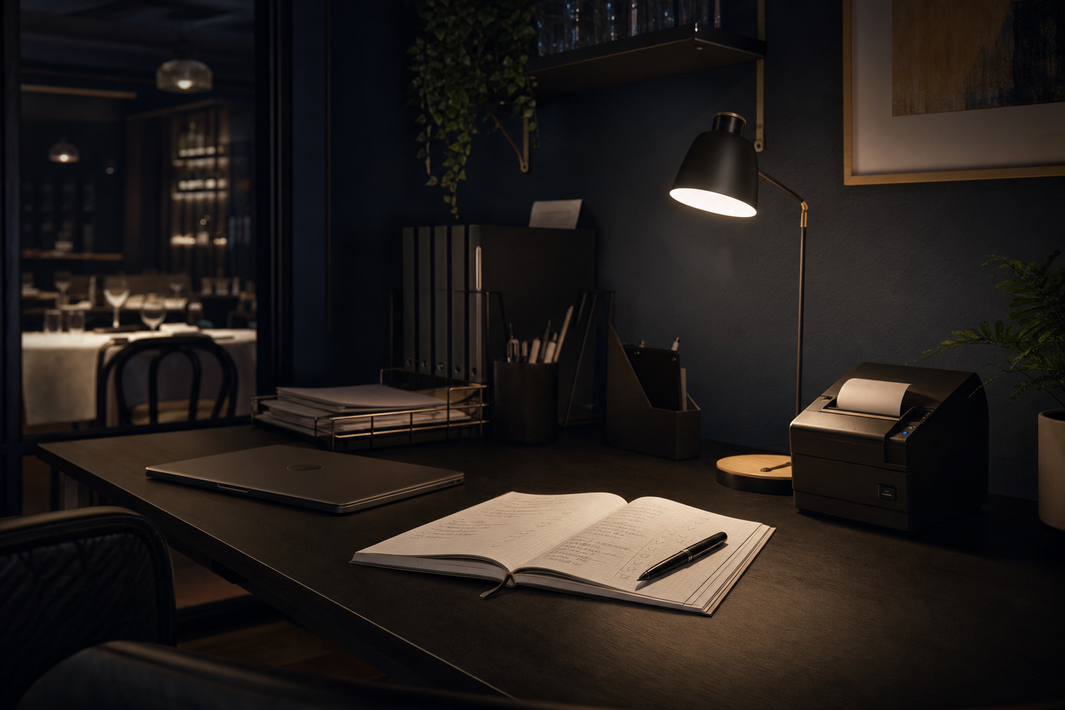 A quiet restaurant office desk after service with a notebook and lamp, representing operational systems work.