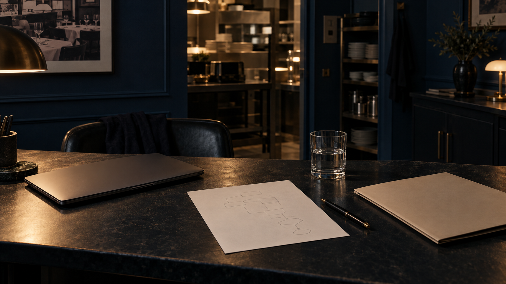 A dark restaurant office table with an unmarked laptop, blank workflow sketch, and folder, evoking the work behind an automation project.