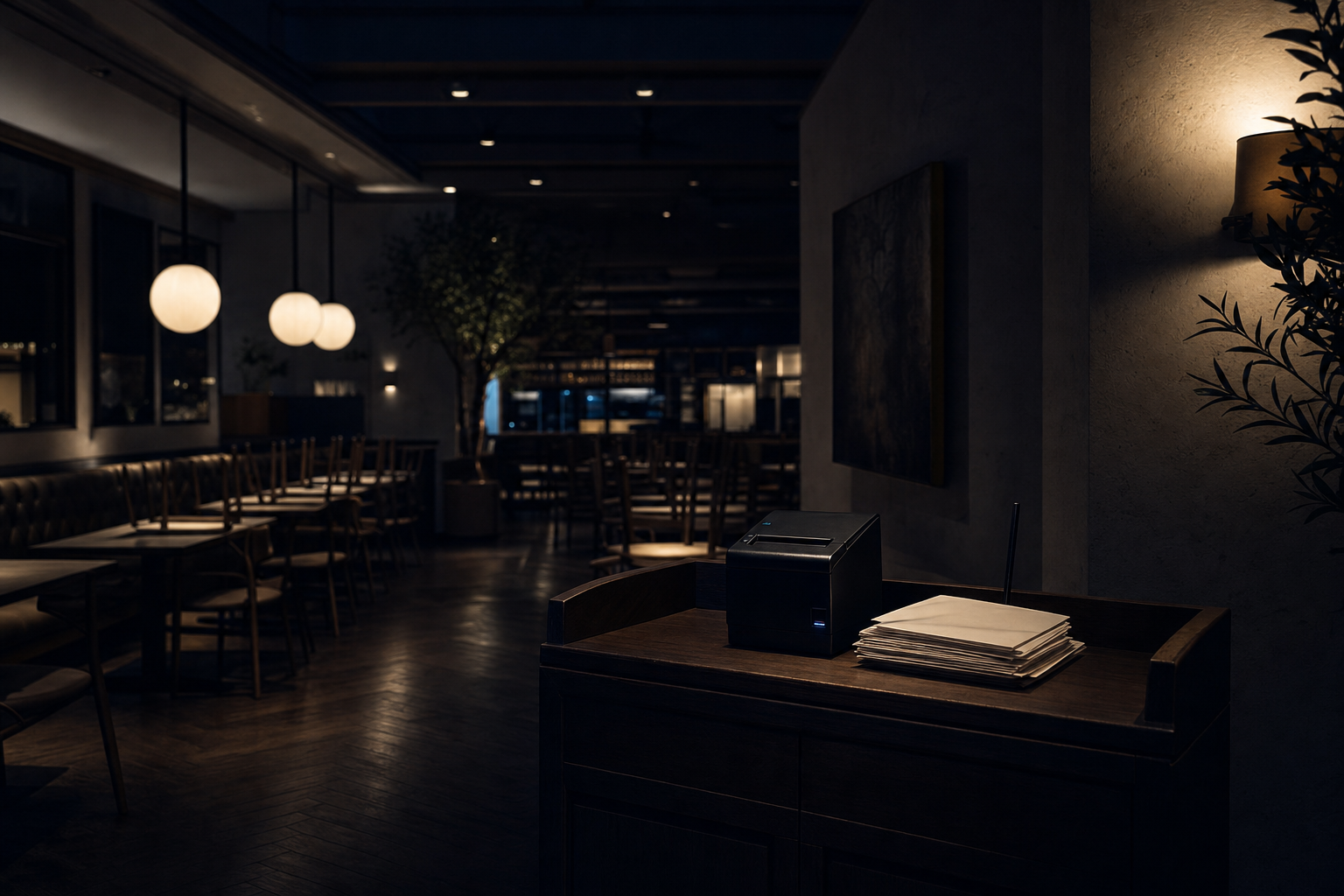 Empty restaurant after close, low light, papers on a host stand