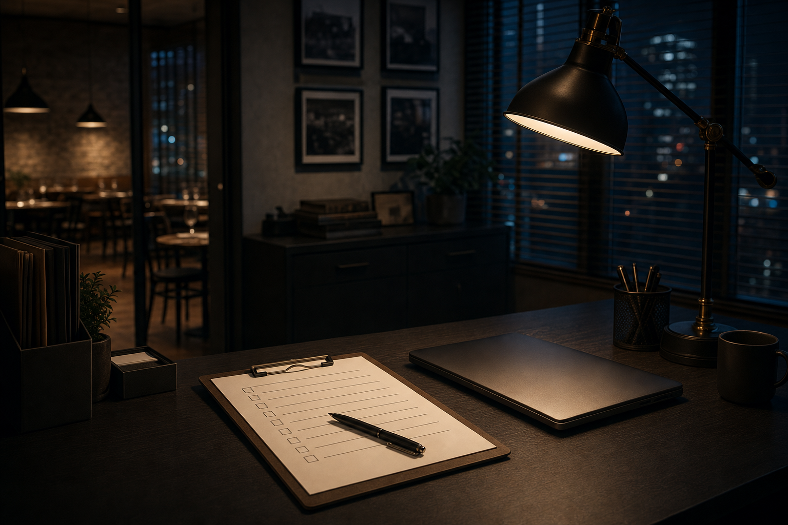 A dimly lit restaurant office desk with a checklist and closed laptop.