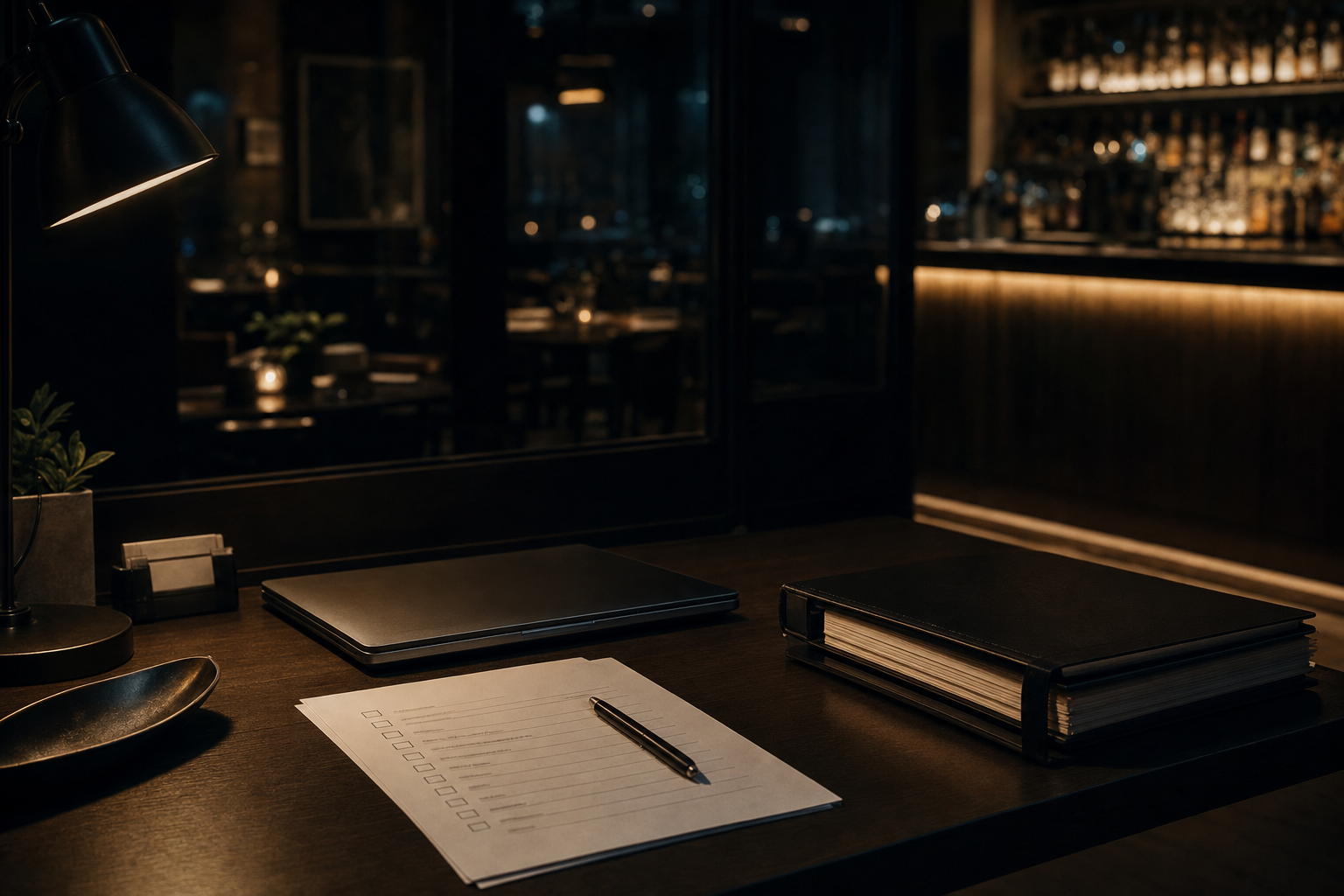 An empty hospitality office desk with a checklist and warm bar light